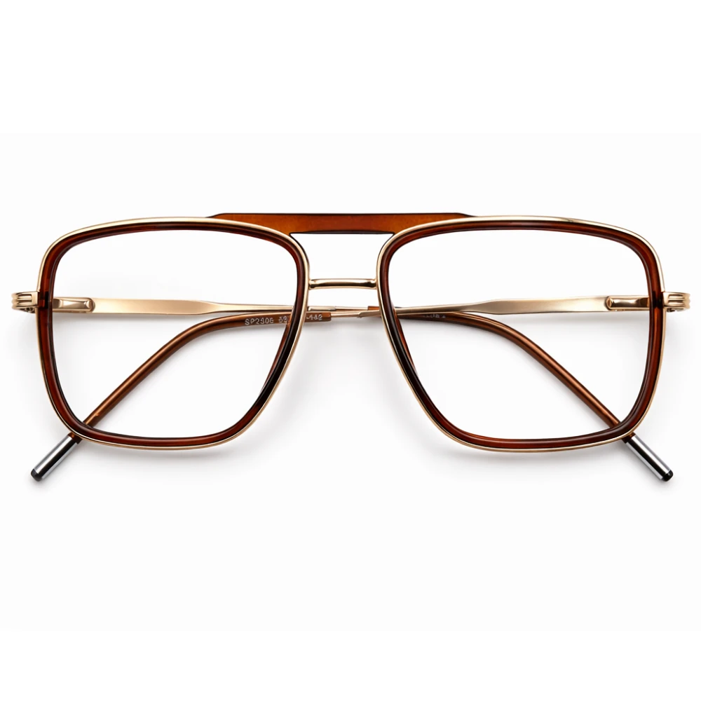 Retro Square Aviator Eyeglasses Brown Gold